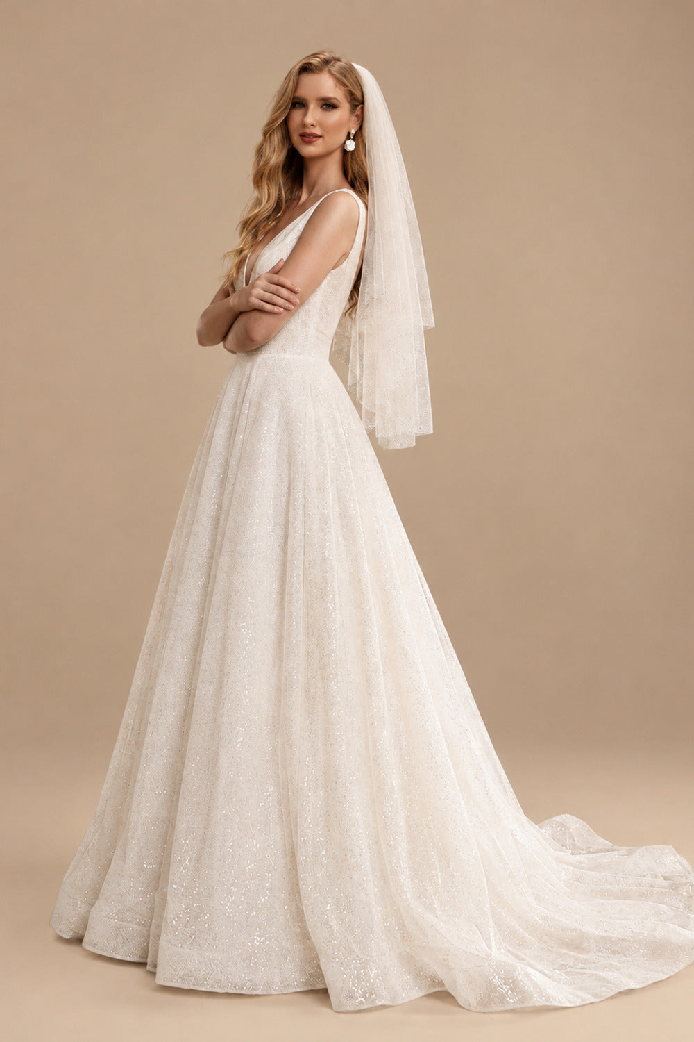 Rutipo Ivory Ball-Gown Sparkly Sequined Princess Open Back Wedding Dresses