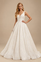 Rutipo Ivory Ball-Gown Sparkly Sequined Princess Open Back Wedding Dresses