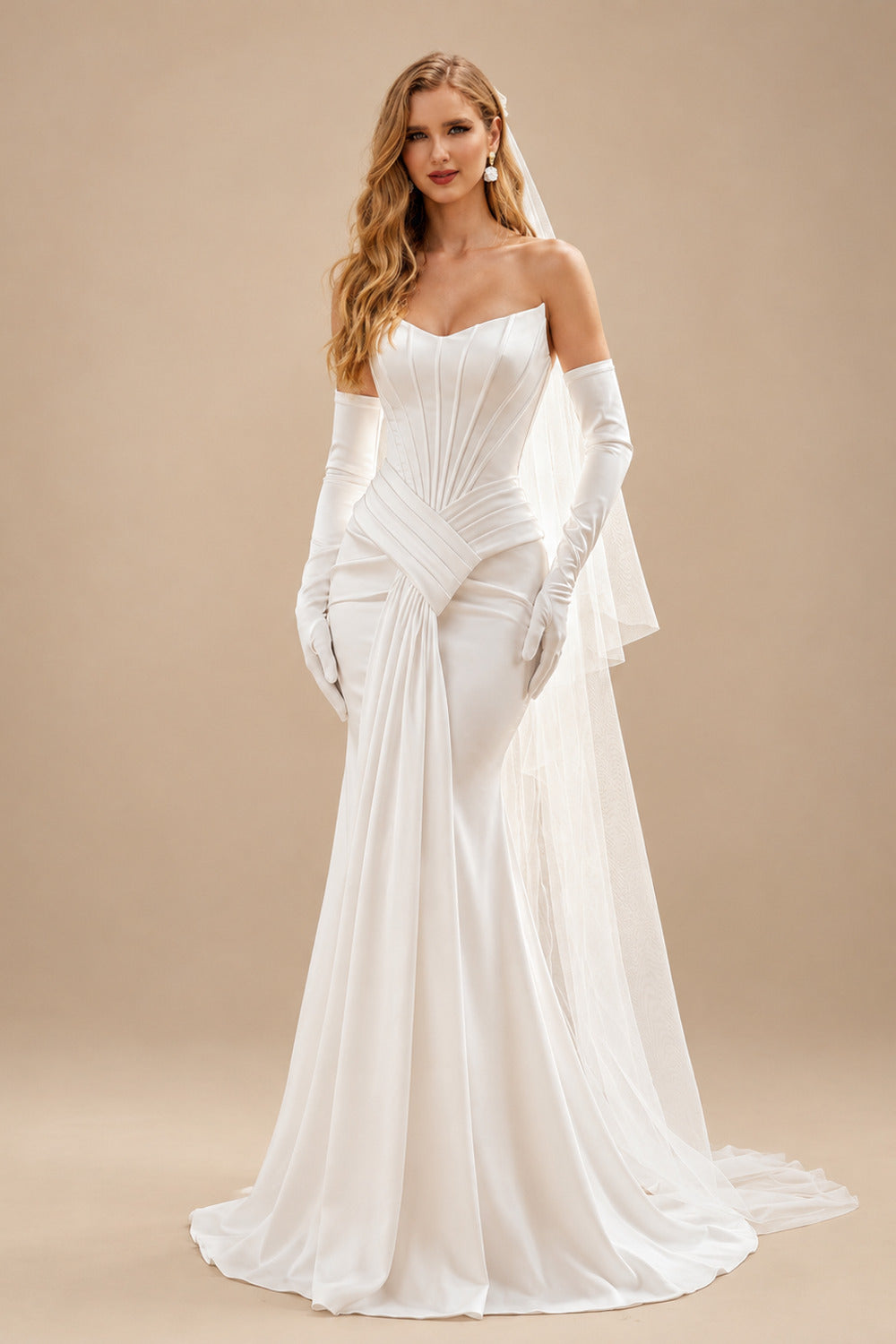 Rutipo Ivory Trumpet/Mermaid Strapless Sleeveless Elegant Sweep Train Satin Wedding Dresses