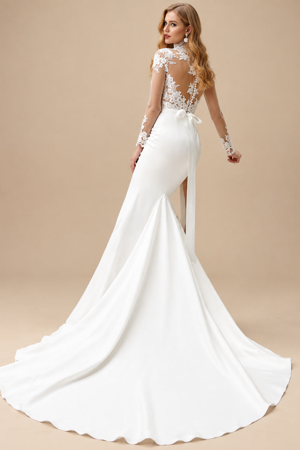 Rutipo Ivory Trumpet/Mermaid High Neck Long Sleeves Lace/Satin Wedding Dresses