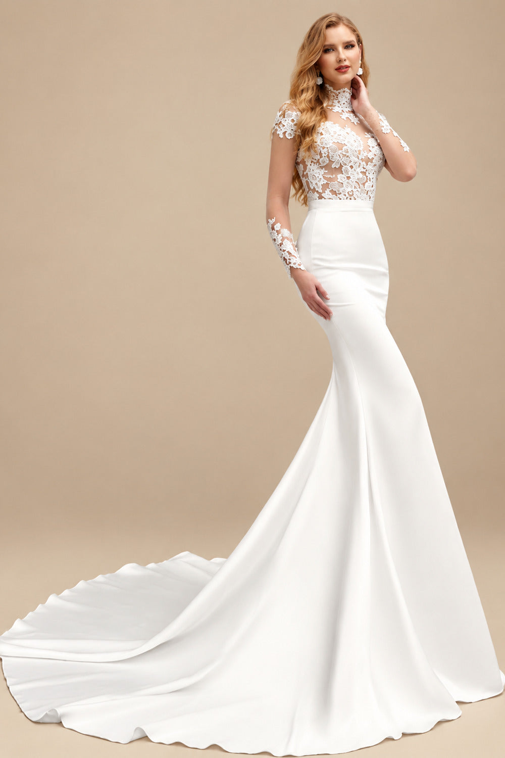 Rutipo Ivory Trumpet/Mermaid High Neck Long Sleeves Lace/Satin Wedding Dresses