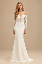 Rutipo Ivory Trumpet/Mermaid Off-the-Shoulder Long Sleeves Elastic Satin Wedding Dresses