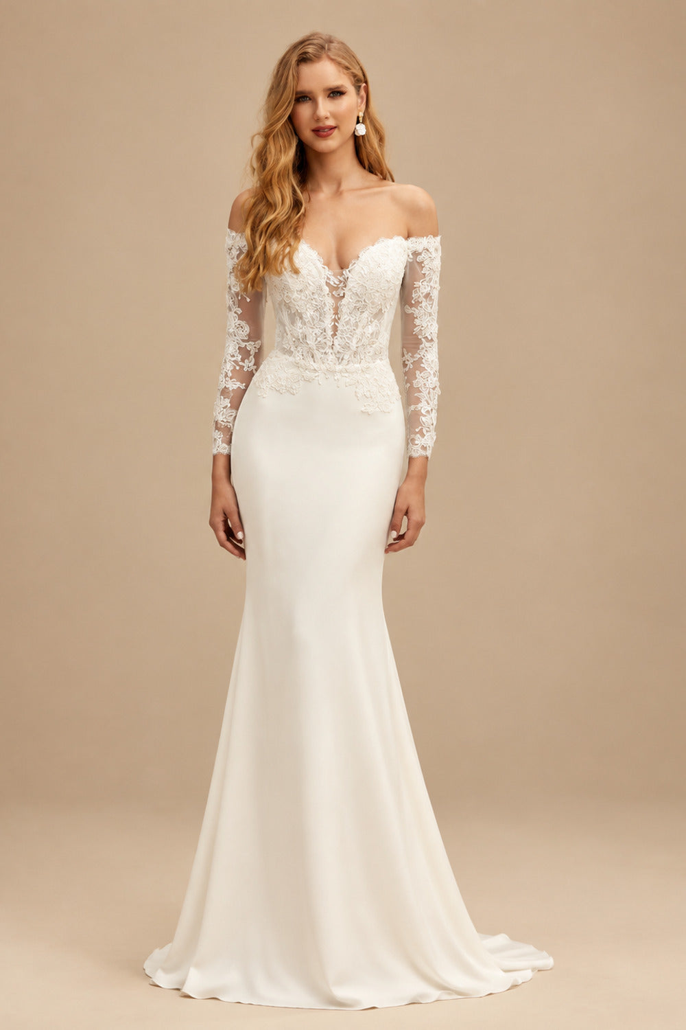 Rutipo Ivory Trumpet/Mermaid Off-the-Shoulder Long Sleeves Elastic Satin Wedding Dresses