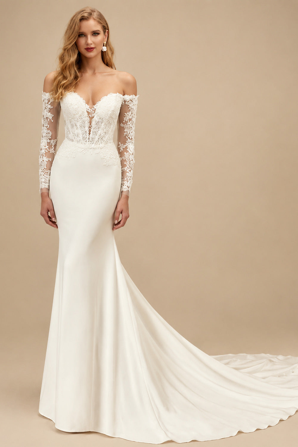 Rutipo Ivory Trumpet/Mermaid Off-the-Shoulder Long Sleeves Elastic Satin Wedding Dresses