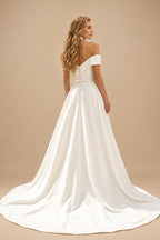 Rutipo Ivory Ball-Gown Off-The-Shoulder Sleeveless Satin Wedding Dresses With Bow(s)