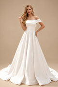 Rutipo Ivory Ball-Gown Off-The-Shoulder Sleeveless Satin Wedding Dresses With Bow(s)