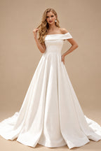 Rutipo Ivory Ball-Gown Off-The-Shoulder Sleeveless Satin Wedding Dresses With Bow(s)