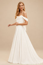 Rutipo Ivory A-Line Off-The-Shoulder Sleeveless Court Train Stretch Satin BRIDE With Ruffle