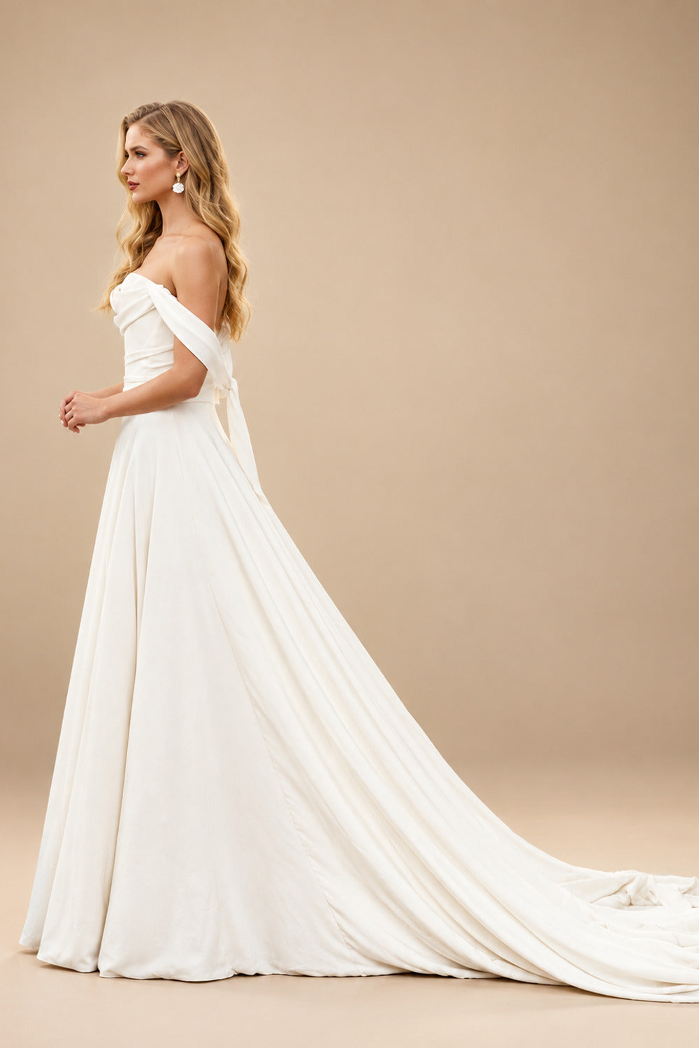 Rutipo Ivory A-Line Off-The-Shoulder Sleeveless Court Train Stretch Satin BRIDE With Ruffle