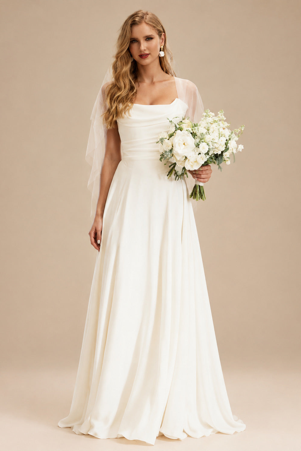 Rutipo Ivory A-Line Off-The-Shoulder Sleeveless Court Train Stretch Satin BRIDE With Ruffle
