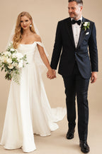 Rutipo Ivory A-Line Off-The-Shoulder Sleeveless Court Train Stretch Satin BRIDE With Ruffle