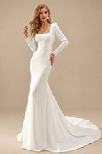 Rutipo Ivory Minimalist Long Sleeves Square Neckline Wedding Dresses