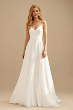 Rutipo Ivory A-Line V-Neck Sleeveless Elegant Sweep Train Open Back Chiffon Wedding Dresses