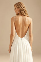 Rutipo Ivory A-Line V-Neck Sleeveless Elegant Sweep Train Open Back Chiffon Wedding Dresses