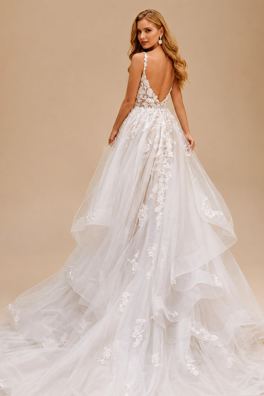 Rutipo As Picture Princess Lace V-Neck Backless Wedding Dresses With Cascading Ruffles