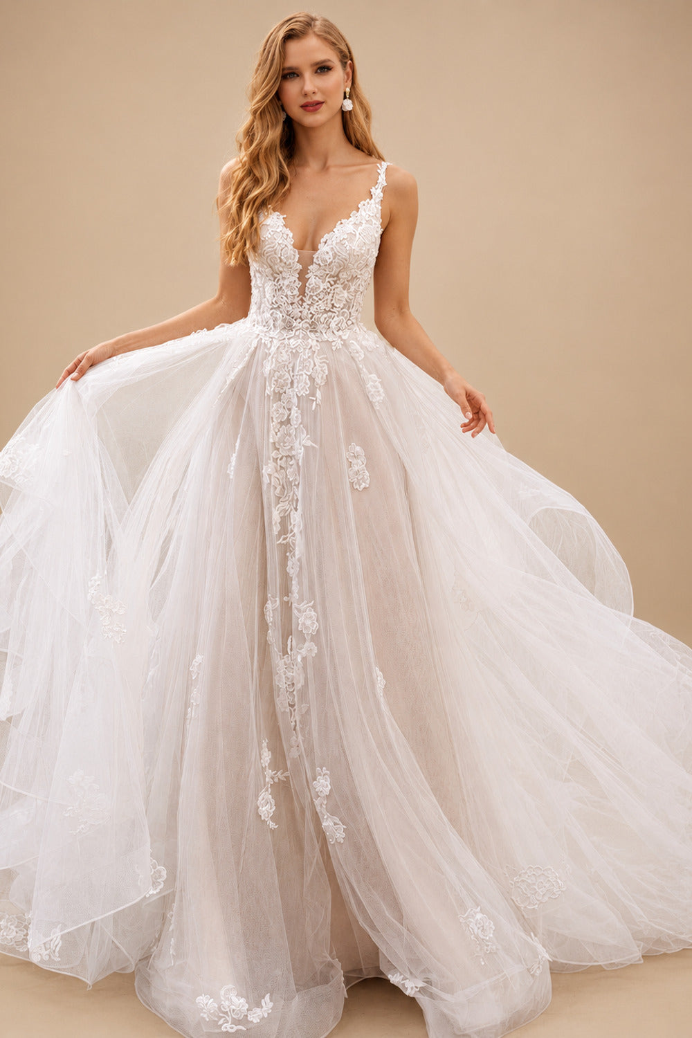Rutipo As Picture Princess Lace V-Neck Backless Wedding Dresses With Cascading Ruffles