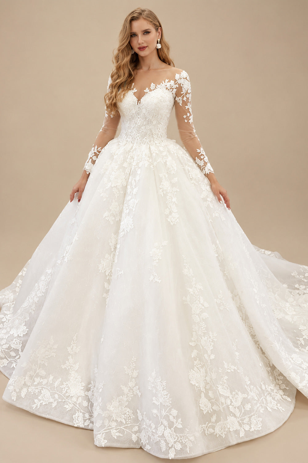 Rutipo Ivory Ball-Gown V-Neck Long Sleeves Court Train Lace Wedding Dresses With Appliques Lace