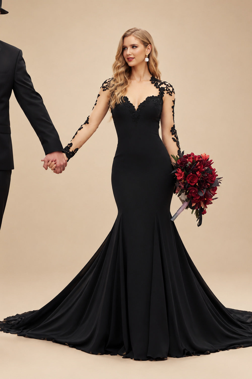 Rutipo Black Trumpet/Mermaid Long Sleeves Luxury Elastic Satin Black Wedding Dresses With Appliques Lace