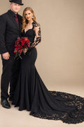 Rutipo Black Trumpet/Mermaid Long Sleeves Luxury Elastic Satin Black Wedding Dresses With Appliques Lace
