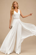 Rutipo Ivory Jumpsuit/Pantsuit V-Neck Sleeveless Elegant Chiffon/Lace Wedding Dresses With Lace