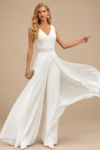 Rutipo Ivory Jumpsuit/Pantsuit V-Neck Sleeveless Elegant Chiffon/Lace Wedding Dresses With Lace