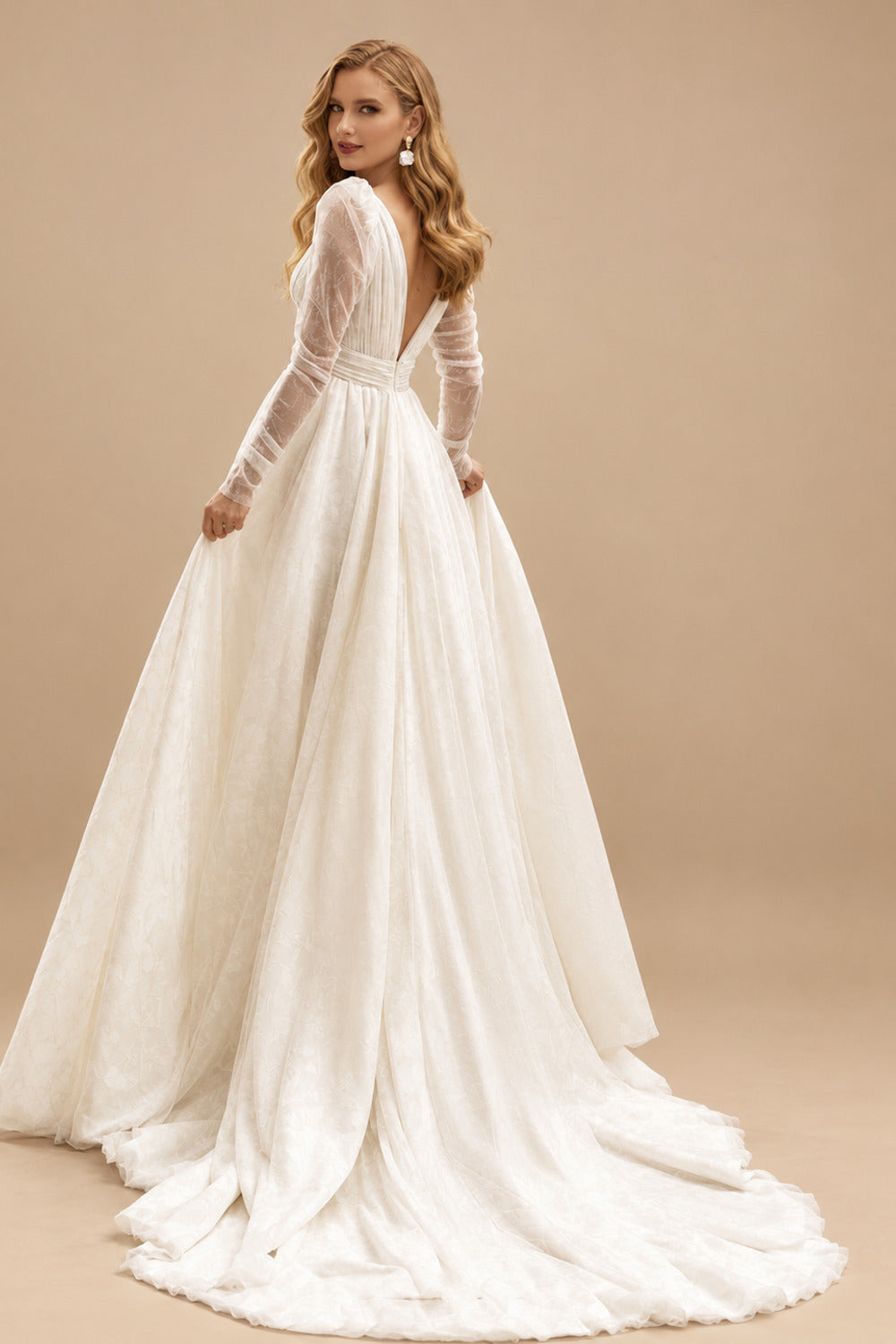 Rutipo Ivory Boho V-neck Long Sleeves Slit Wedding Dresses