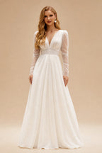Rutipo Ivory Boho V-neck Long Sleeves Slit Wedding Dresses