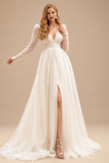 Rutipo Ivory Boho V-neck Long Sleeves Slit Wedding Dresses
