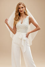 Rutipo Ivory Jumpsuit/Pantsuit V-Neck Sleeveless Elegant Lace/Elastic Satin Wedding Dresses