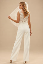 Rutipo Ivory Jumpsuit/Pantsuit V-Neck Sleeveless Elegant Lace/Elastic Satin Wedding Dresses