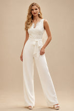 Rutipo Ivory Jumpsuit/Pantsuit V-Neck Sleeveless Elegant Lace/Elastic Satin Wedding Dresses