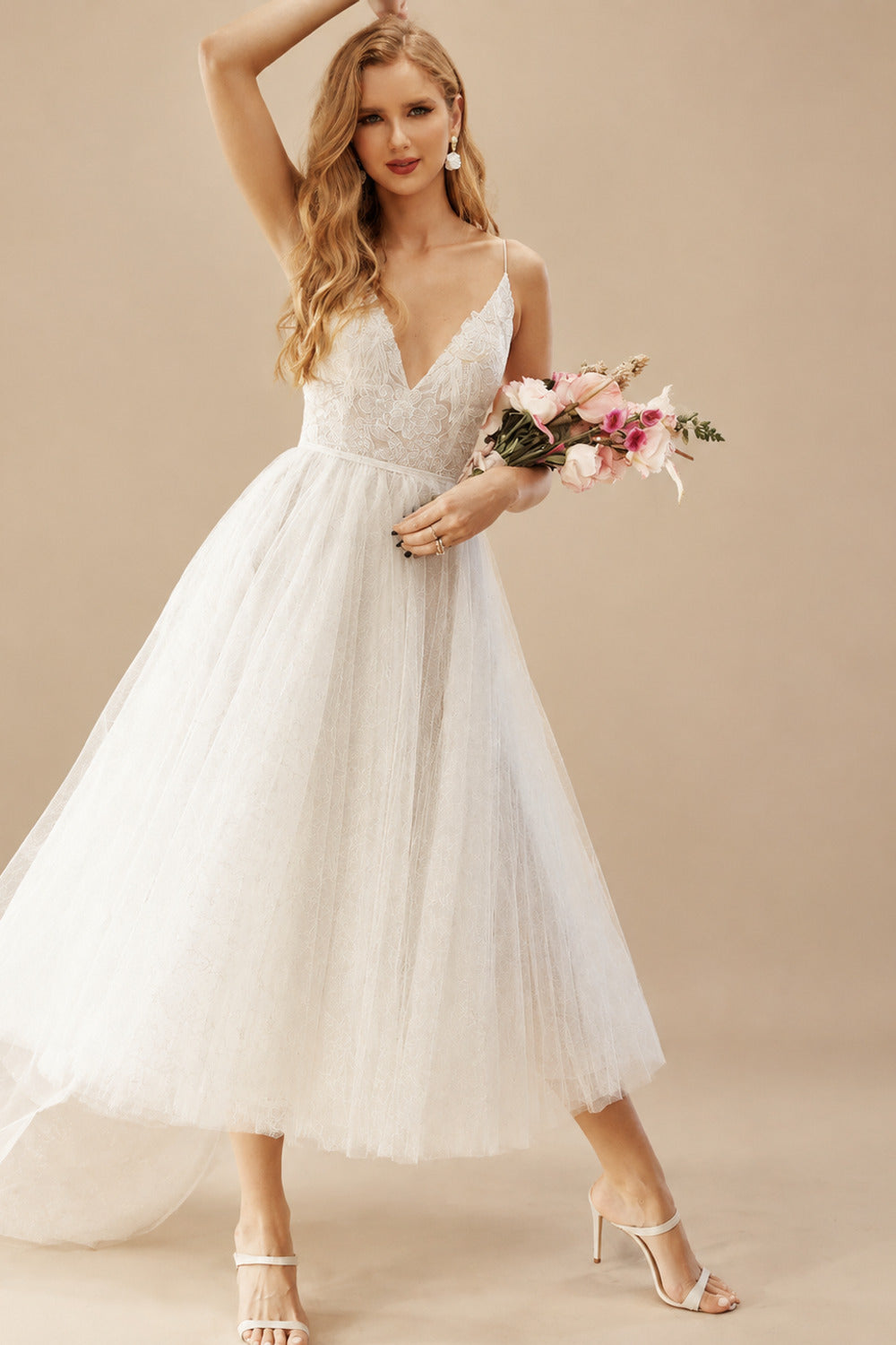 Rutipo Ivory Boho Reception Lace Tea-Length Backless Wedding Dresses
