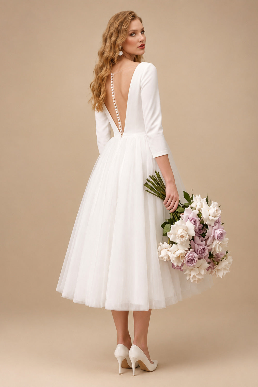 Rutipo Ivory A-Line Vintage Elastic Satin/Tulle Wedding Dresses With Deep V-Neck 3/4 Sleeves