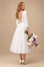 Rutipo Ivory A-Line Vintage Elastic Satin/Tulle Wedding Dresses With Deep V-Neck 3/4 Sleeves