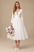 Rutipo Ivory A-Line Vintage Elastic Satin/Tulle Wedding Dresses With Deep V-Neck 3/4 Sleeves