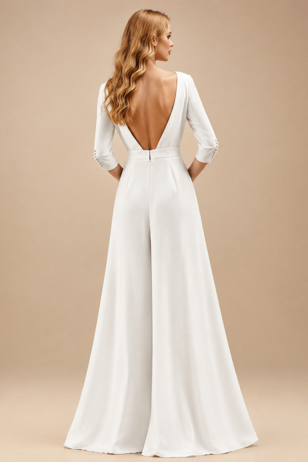 Rutipo Ivory Jumpsuit/Pantsuit Sexy Open Back Wedding Dresses With V-Neck 3/4 Sleeves