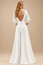 Rutipo Ivory Jumpsuit/Pantsuit Sexy Open Back Wedding Dresses With V-Neck 3/4 Sleeves