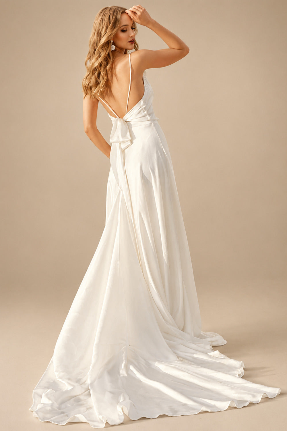 Rutipo Ivory Boho Open Back Cowl Neck A-Line Wedding Dresses With Silk Like Satin Sweep Train