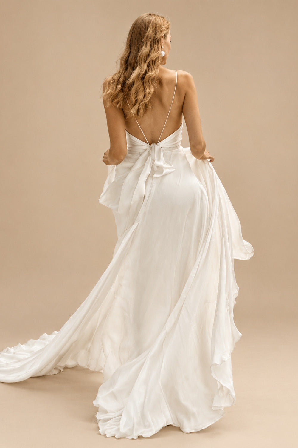 Rutipo Ivory Boho Open Back Cowl Neck A-Line Wedding Dresses With Silk Like Satin Sweep Train