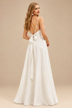 Rutipo Ivory Boho Open Back Cowl Neck A-Line Wedding Dresses With Silk Like Satin Sweep Train