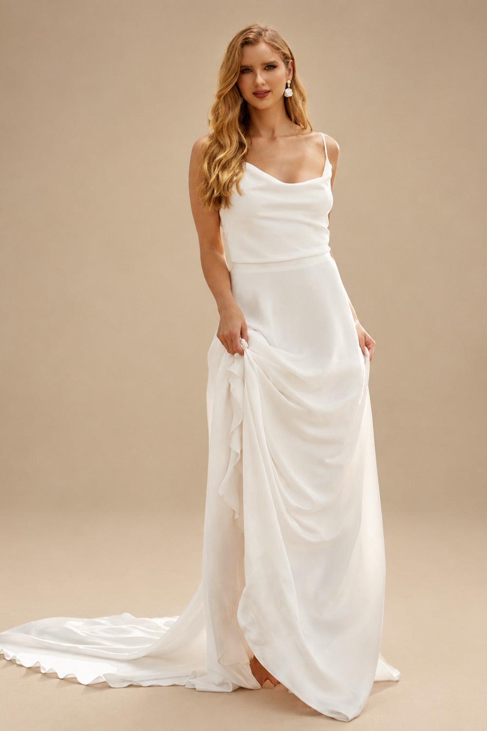 Rutipo Ivory Boho Open Back Cowl Neck A-Line Wedding Dresses With Silk Like Satin Sweep Train