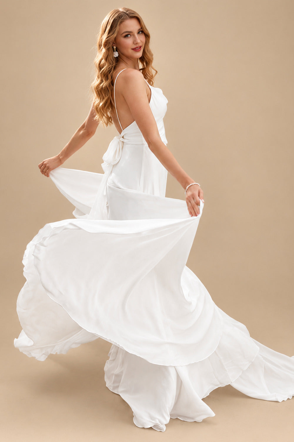 Rutipo Ivory Boho Open Back Cowl Neck A-Line Wedding Dresses With Silk Like Satin Sweep Train
