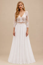 Rutipo As Picture A-Line V-Neck 3/4 Sleeves Vintage Tulle Wedding Dresses With Appliques Lace