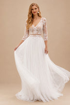 Rutipo As Picture A-Line V-Neck 3/4 Sleeves Vintage Tulle Wedding Dresses With Appliques Lace