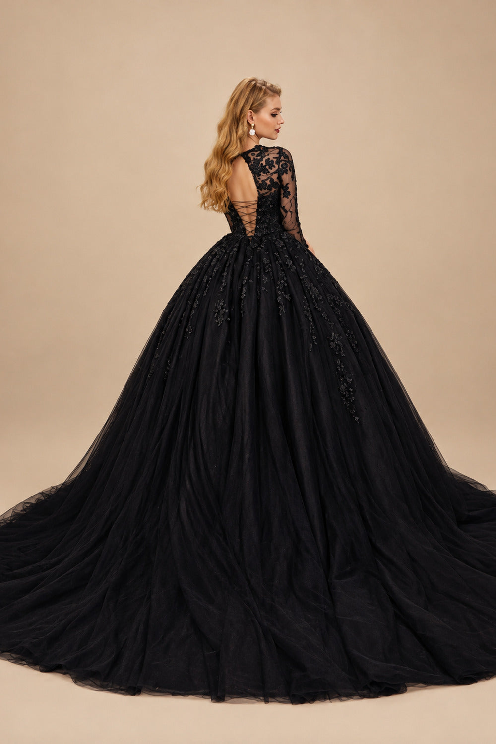 Rutipo Black Black Ball-Gown V-Neck Long Sleeve Tulle Wedding Dresses With Appliques Lace