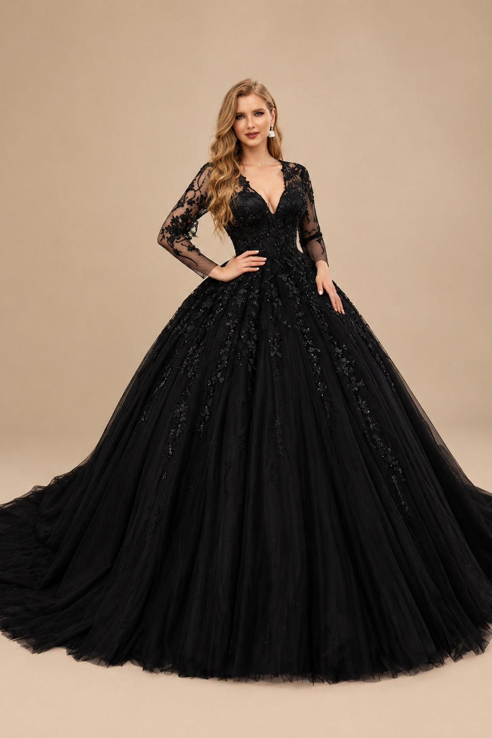 Rutipo Black Black Ball-Gown V-Neck Long Sleeve Tulle Wedding Dresses With Appliques Lace
