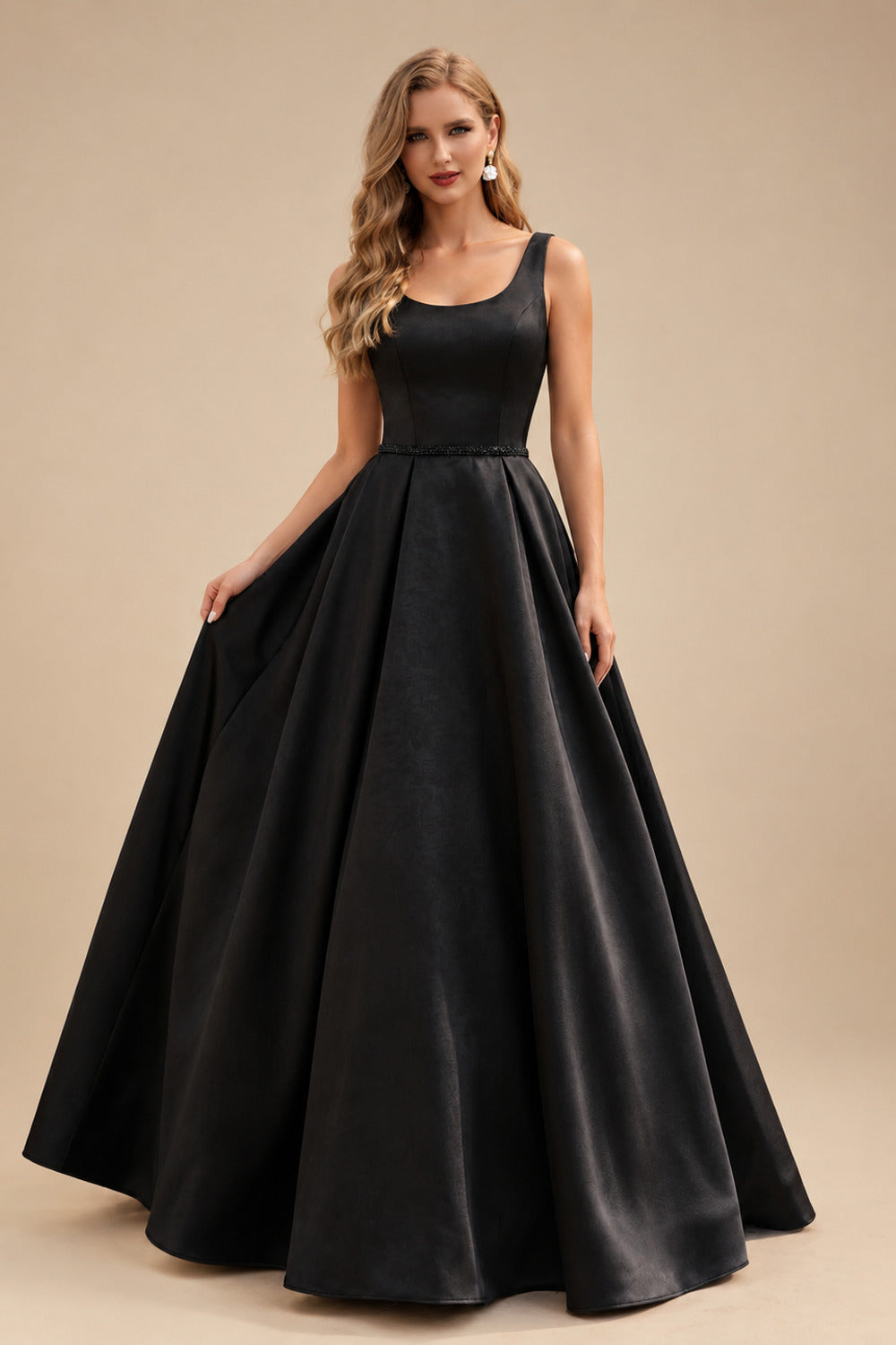 Rutipo Black Black Ball-Gown Scoop Neck Floor-Length Satin Wedding Dresses With Sash