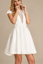 Rutipo Ivory Sweet A-Line Illusion Neck Short Elastic Satin Wedding Dresses With Appliques Lace