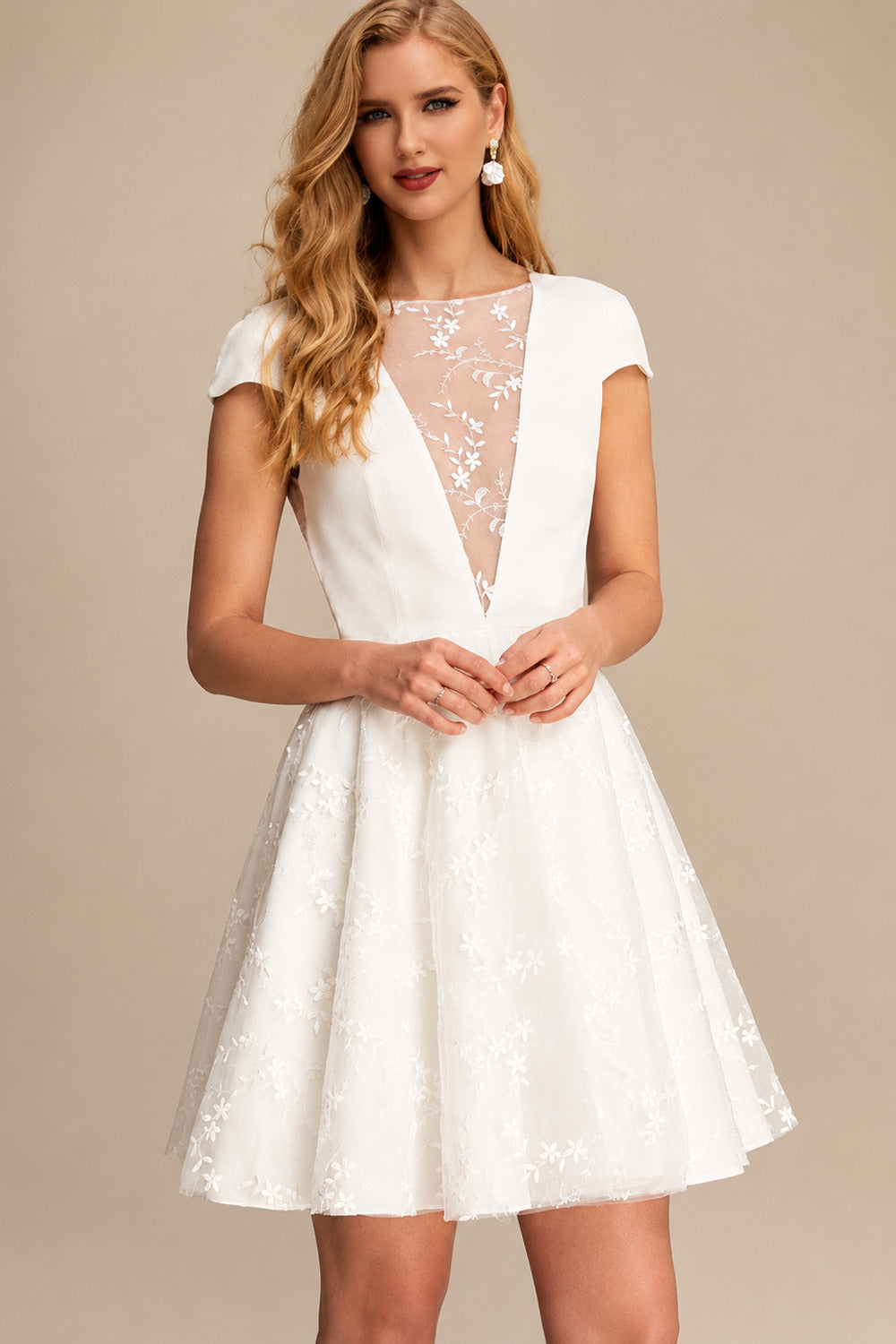 Rutipo Ivory Sweet A-Line Illusion Neck Short Elastic Satin Wedding Dresses With Appliques Lace