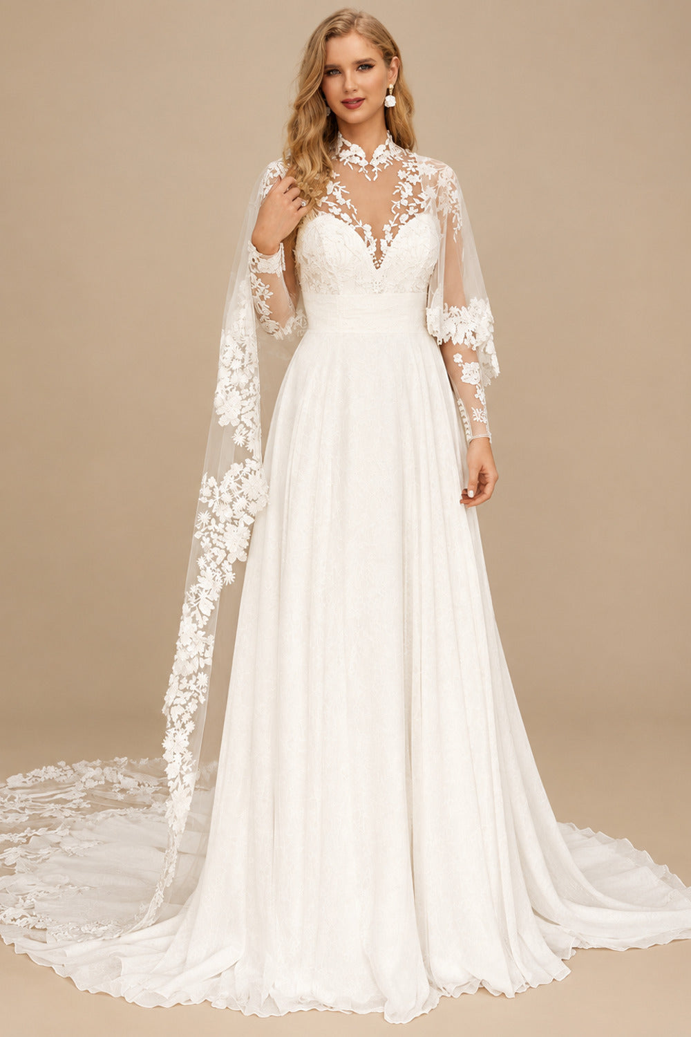 Rutipo Ivory Luxury A-Line High Neck Long Sleeves Elegant Chiffon/Lace Wedding Dresses